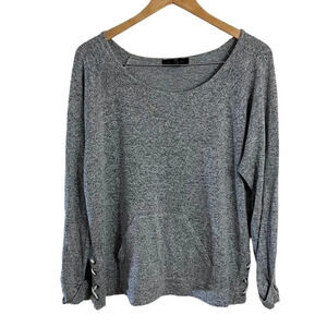 Tahari Gray Pullover Knit Top XL Lace Up Sides Kangaroo Pouch Pocket Long Sleeve
